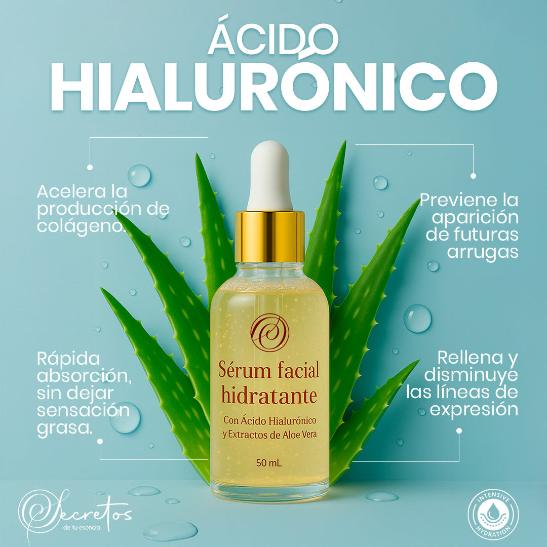 Sérum Hidratante Facial con Ácido Hialurónico y Aloe Vera SECRETOS – Hidratación Profunda, Piel Suave y Radiante