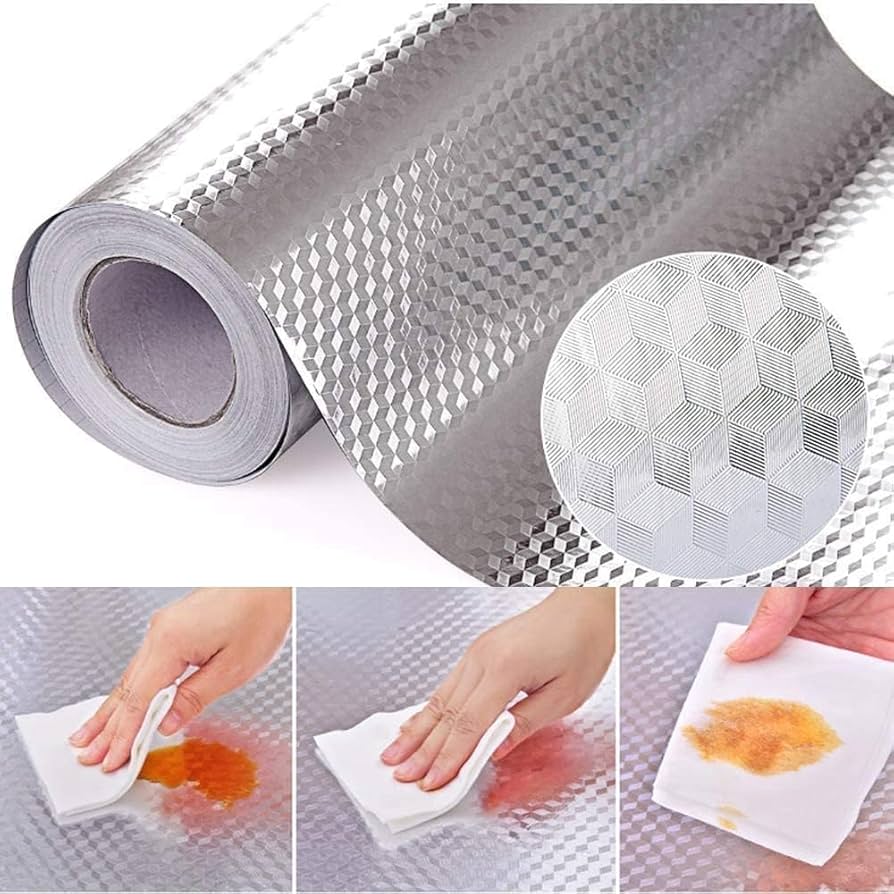 Papel Aluminio Adhesivo Antigrasa para Cocina | Resistente al Calor | Impermeable 4m x 60cm