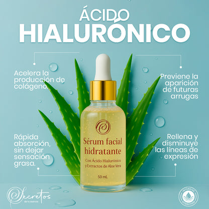 Sérum Hidratante Facial con Ácido Hialurónico y Aloe Vera SECRETOS – Hidratación Profunda, Piel Suave y Radiante